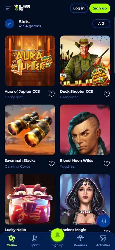 Billionairespin Casino games page on a mobile device
