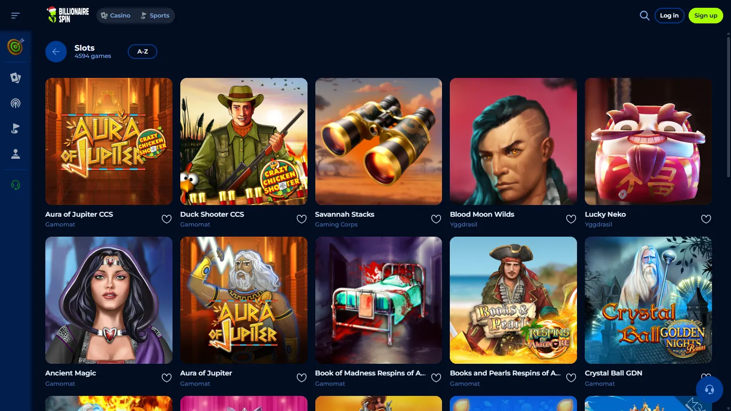 Billionairespin Casino games page on desktop