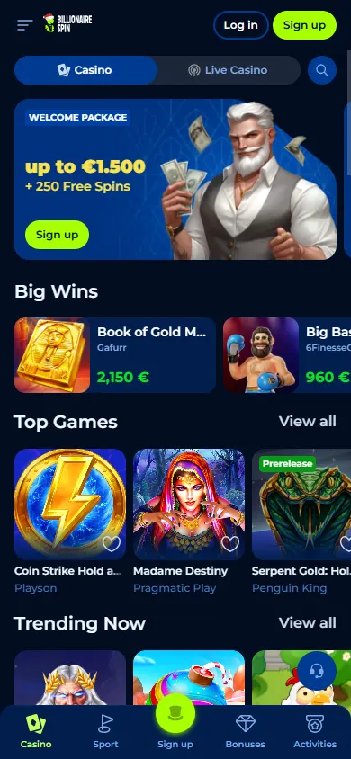 Billionairespin Casino home page on a mobile device