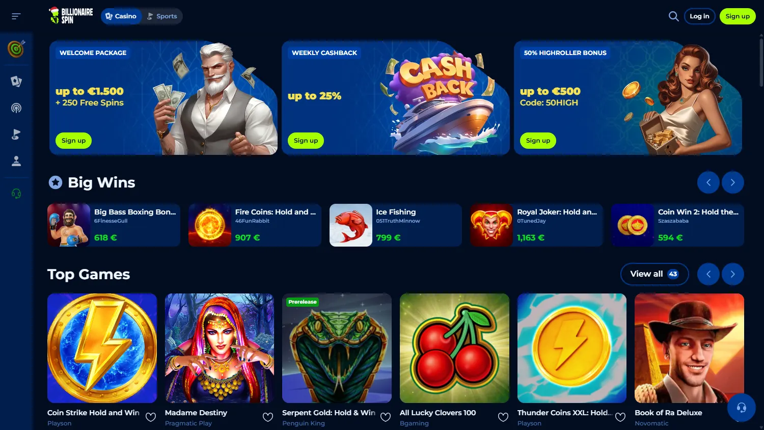 Billionairespin Casino home page on desktop