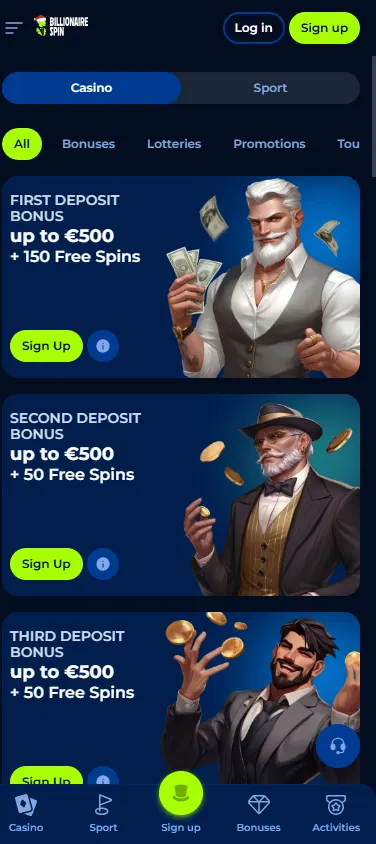 Billionairespin Casino promotions page on a mobile device