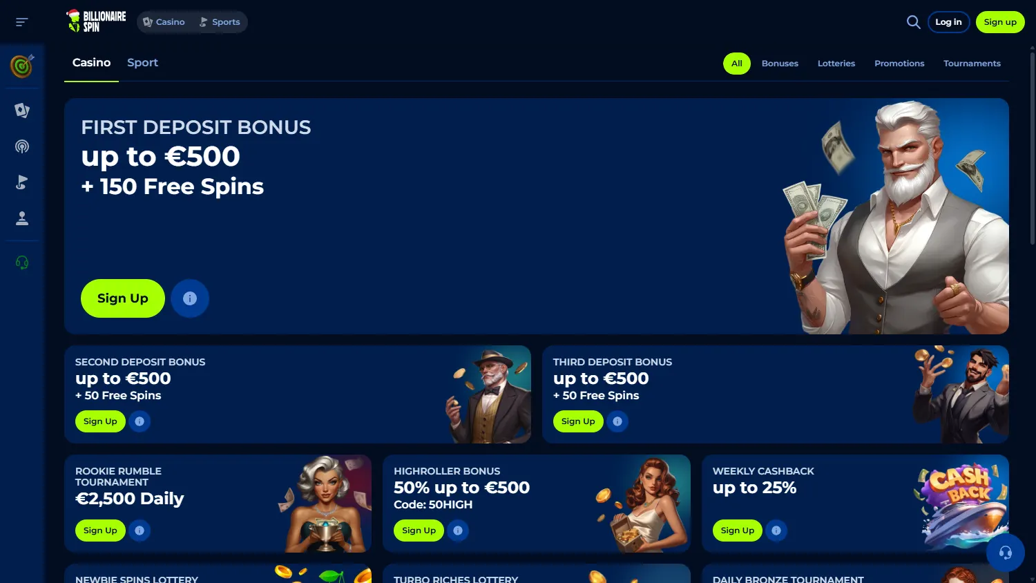 Billionairespin Casino promotions page on desktop